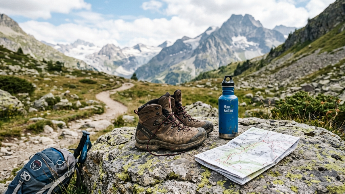 Équipement posé pendant une pause sur une randonnée Alpes