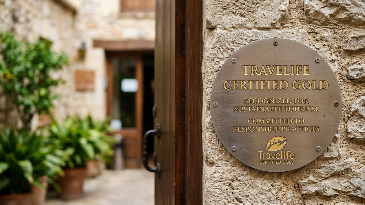 plaque de certification Travelife or à l'entrée d'un hébergement