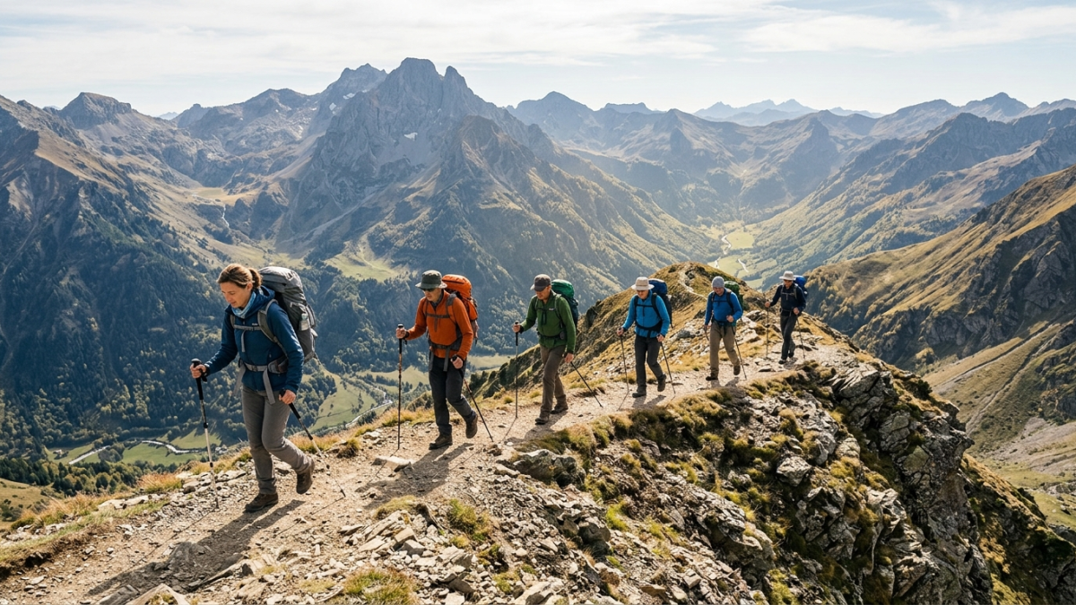 Groupe de randonneurs progressant sur une crête dans les Pyrénées