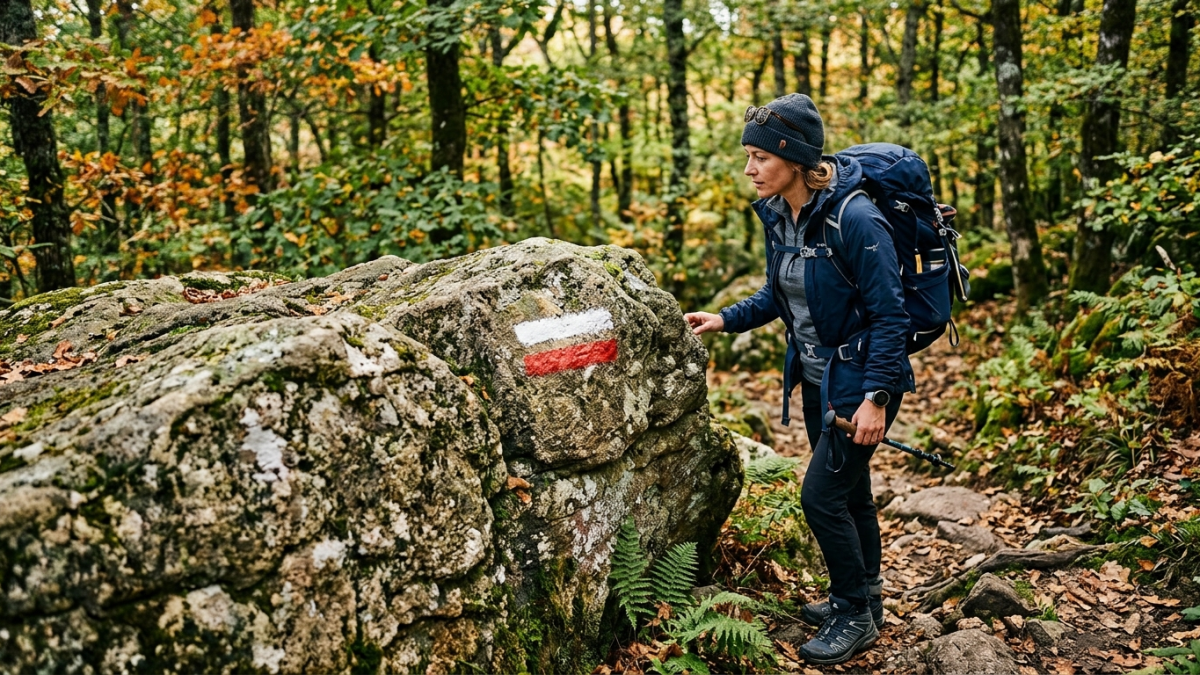 Balisage blanc et rouge d'un sentier de grande randonnée en France