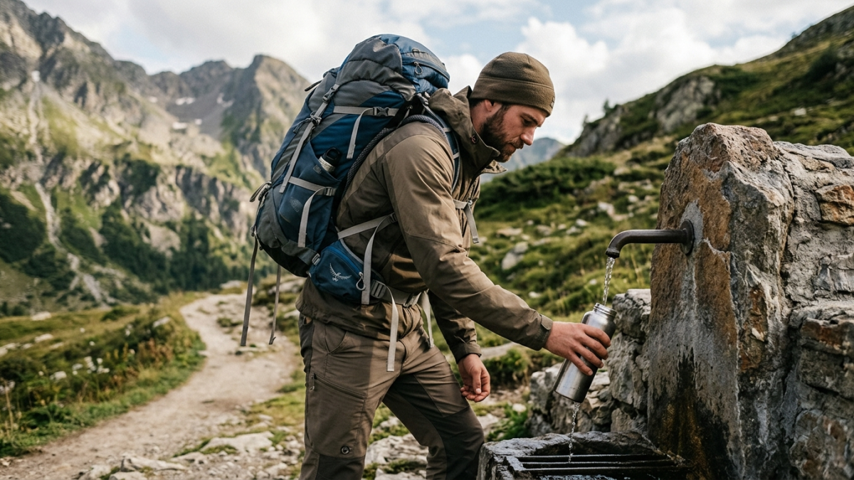 voyageur rechargeant une gourde au lieu d'acheter une bouteille d'eau