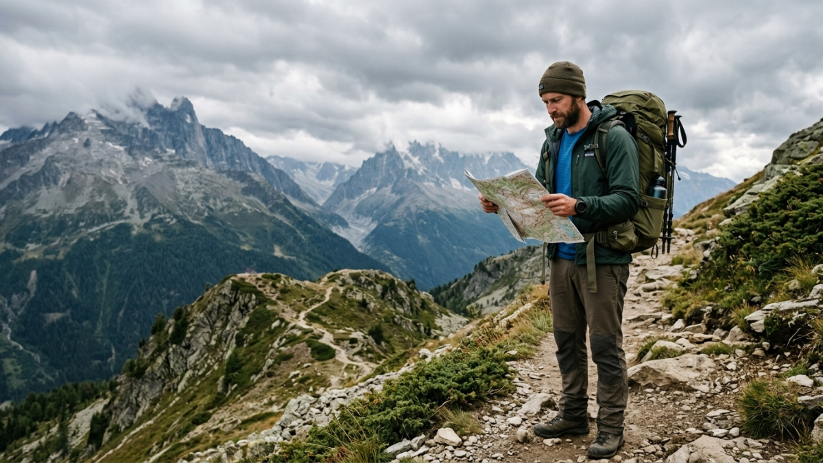 Randonneur consultant une carte topographique avant une randonnée en montagne